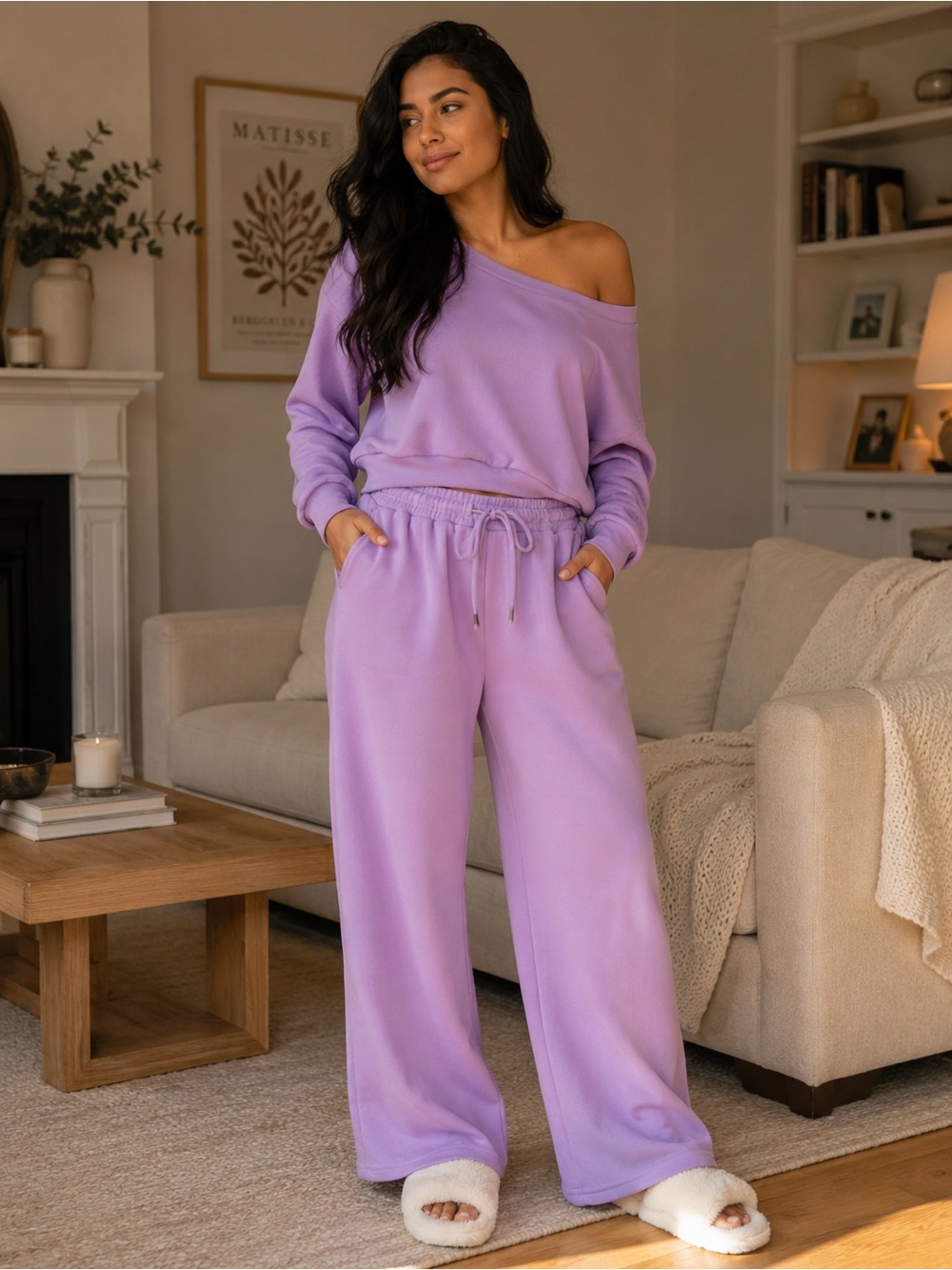 NWOT Lavender Two-Piece Lounge Set - Cropped Sweatshirt & Wide Leg Pants